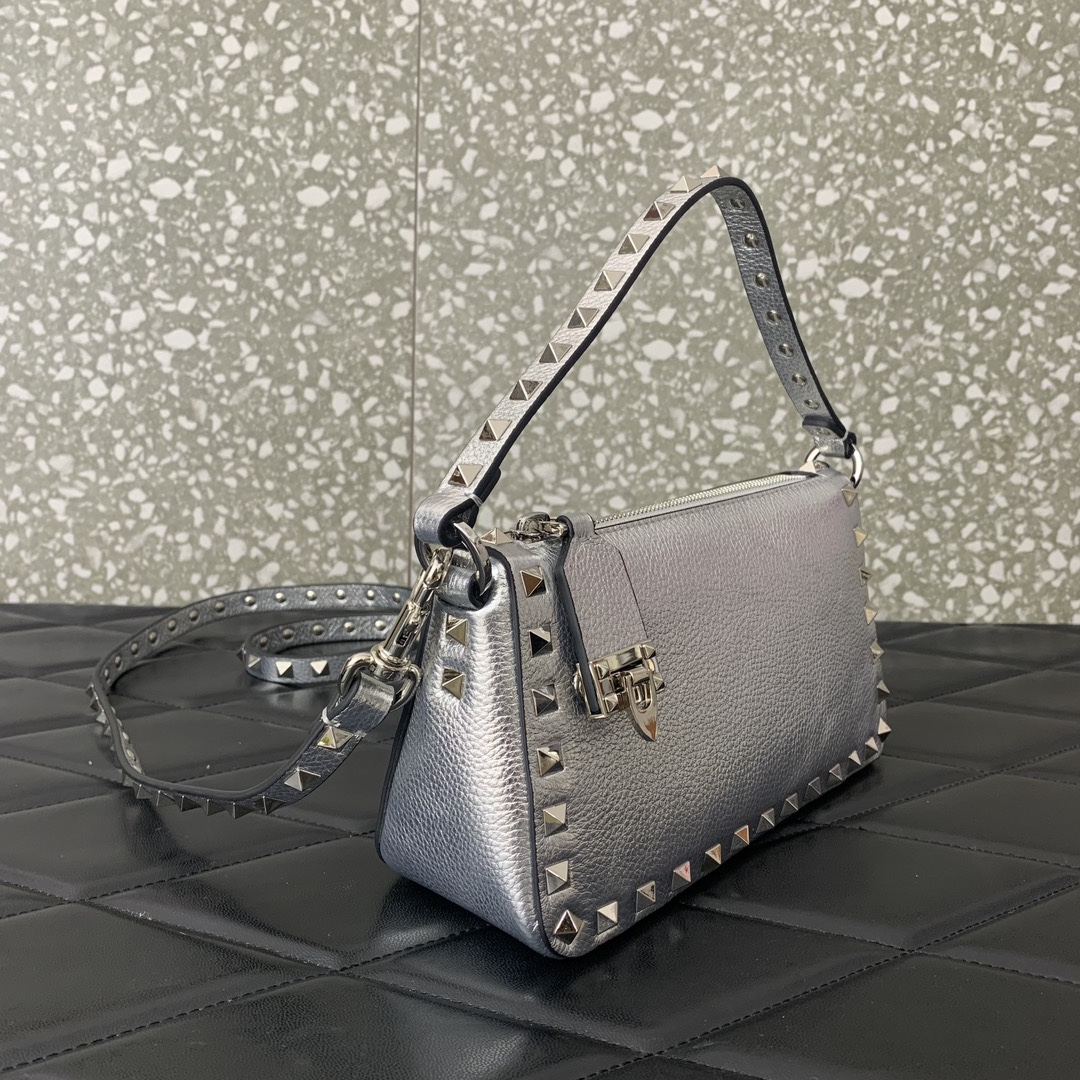 Valentino Garavani Rockstud Small Crossbody Bag in Silver Grainy Calfskin